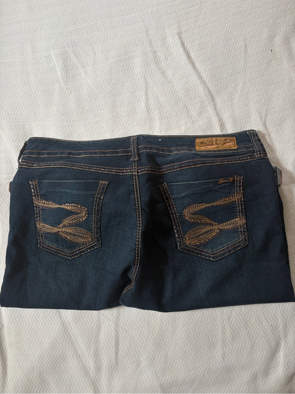 Seven7 Dark Blue Bootcut Jeans with Tan Embroidery